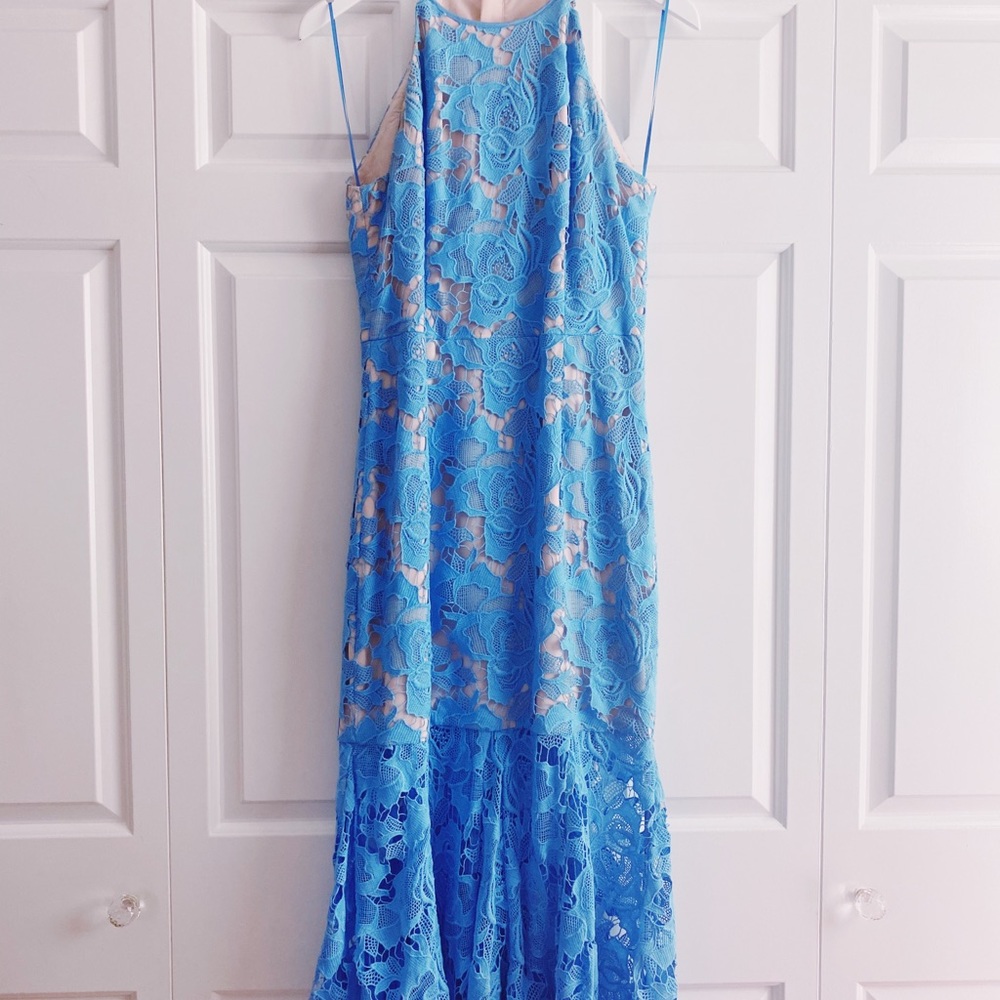 Keepsake Blue and Nude Lace Mermaid Hem Dress